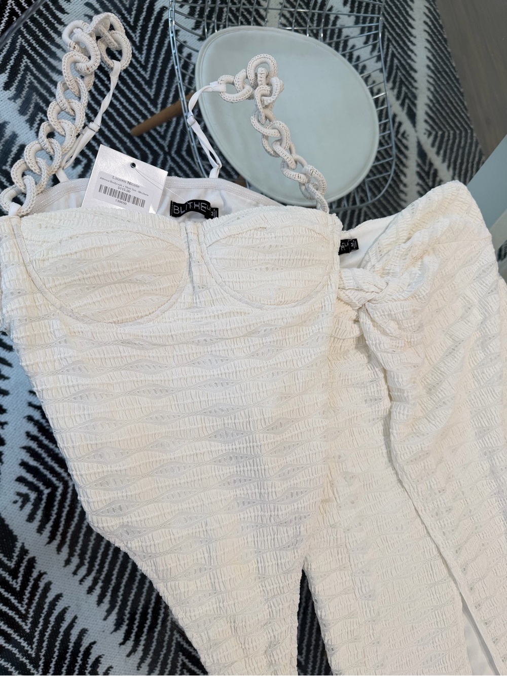 Bershka Cream Textured Strapless Bustier with Braided Chain Straps